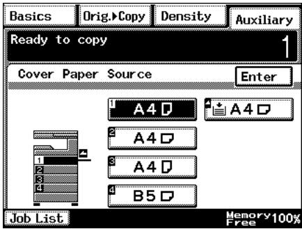 Basics Orig.>Copy Density Auxiliary Ready to copy 1 Cover Paper Source Enter 1 A4 D 2 A4 D 3 A4 D 4 B5 D Job List Memory 100% Free