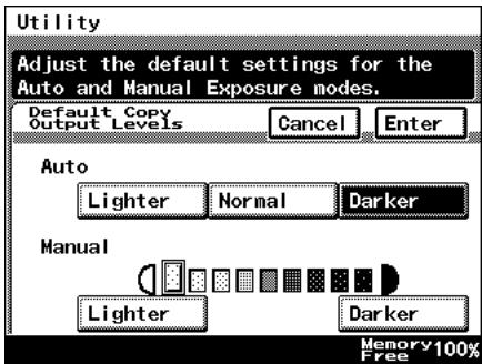 Utility Adjust the default settings for the Auto and Manual Exposure modes. Default Copy Output Levels Cancel Enter Auto Lighter Normal Darker Manual Lighter Darker Memory 100% Free