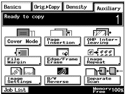 Basics Orig. Copy Density Auxiliary Ready to copy 1 Cover Mode Page Insertion OHP Inter-leaving File Margin Edge/Frame Erase Image Repeat Image Settings B/V Reverse Separate Scan Job List Memory 100% Free
