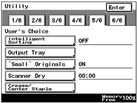 Utility Enter 1/6 2/6 3/6 4/6 5/6 6/6 User's Choice Intelligent Sorting OFF Output Tray "Small" Originals ON Scanner Dry 00:00 Crease/ Center Staple Memory 100% Free