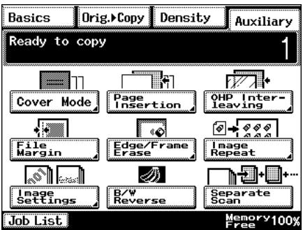 Basics Orig.>Copy Density Auxiliary Ready to copy 1 Cover Mode Page Insertion OHP Inter- leaving File Margin Edge/Frame Erase Image Repeat Image Settings B/W Reverse Separate Scan Job List Memory 100% Free