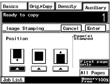 Basics Orig.>Copy Density Auxiliary Ready to copy 1 Image Stamping Cancel Enter Position Page(s) Stamped First page only All Pages Memory 100% Free Job List
