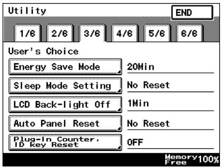Utility 1/6 2/6 3/6 4/6 5/6 6/6 END User's Choice Energy Save Mode 20Min Sleep Mode Setting No Reset LCD Back-light Off 1Min Auto Panel Reset No Reset Plug-In Counter, ID Key Reset OFF Memory 100% Free