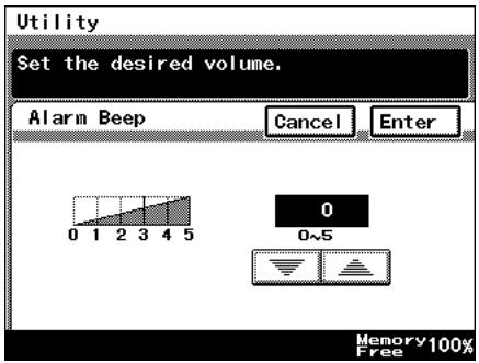 Utility Set the desired volume. Alarm Beep Cancel Enter 0 0~5 Memory 100% Free