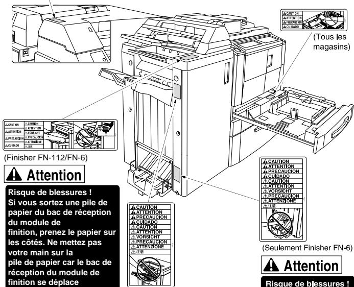 (Tous les magasins) (Finisher FN-112/FN-6) Attention Risque de blessures ! Si vous sortez une pile de papier du bac de réception du module de finition, prenez le papier sur les côtés. Ne mettez pas votre main sur la pile de papier car le bac de réception du module de finition se déplace (Seulement Finisher FN-6) Attention Risque de blessures !