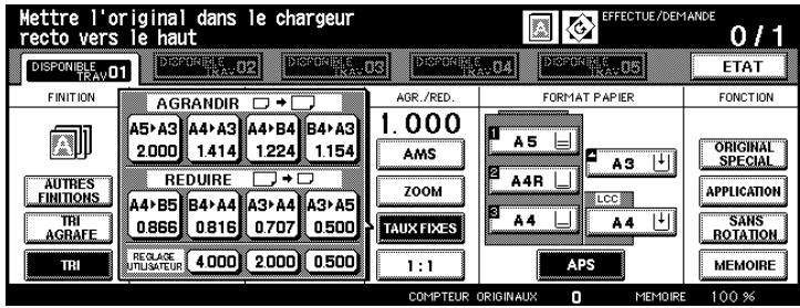 Mettre l'original dans le chargeur recto vers le haut DISPONIBLE TRAY-01 DISPONIBLE TRAY-02 DISPONIBLE TRAY-03 DISPONIBLE TRAY-04 DISPONIBLE TRAY-05 0 / 1 ETAT FINITION AGRANDIR A5+A3 2000 A4+A3 1414 B4+B4 1224 B4+A3 1154 AGR./RED. 1.000 AMS FORMAT PAPIER FONCTION AUTRES FINITIONS A4+B5 0866 B4+A4 0816 A3+A4 0707 A3+A5 TAUX FIXES 1:1 APS ORIGINAL SPECIAL APPLICATION SANS ROTATION MEMOIRE TRI AGRATE TRI RECLOSÉC UTILISATEUR 4000 2000 0500 COMPTEUR ORIGINAUX 0 MEMOIRE 100 %