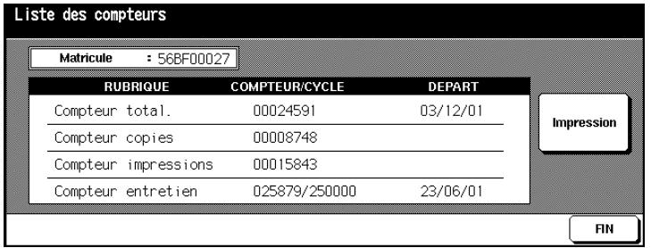 Liste des compteurs Matricule : 568F00027 RUBRIQUE COMPTEUR/CYCLE DEPART Compteur total. 00024591 03/12/01 Compteur copies 00008748 Compteur impressions 00015843 Compteur entretien 025879/250000 23/06/01 Impression FIN