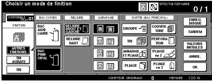 Choisir un mode de finition EFFECTUE/DEMANDE 0 / 1 DISPONIELE TRAV 01 FINITION BAC COPIES RELURE AGRAFAGE SORTIE GROUPE COUVER- TURE TRI PERFORA- TION AGRAFAGE ET PLIAGE PLIAGE PLIAGE ENREG. DISQUE TANDEM VALEURS INITIALES ANNUL. OK COMPTEUR ORIGINAUX MEMOIRE 100 %