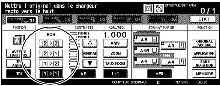 Mettre l'original dans le chargeur recto vers le haut DISPONIBLE TRAY-01 FINITION CONTRASTE AGR./RED. FORMAT PAPIER FONCTION EDH MEMO2 MEMO1 1.000 AMS A5 A3 ORIGINAL SPECIAL AUTRES FINITIONS 2 ▶ 2 2 ▶ 1 1 ▶ 2 NORMAL ZOOM LCC A4R A4 APPLICATION TR AGRAE 1 ▶ 1 TAUX FIXES A4 SANS ROTATION TRI AE 1:1 APS MEMOIRE COMPTEUR ORIGINAUX 0 MEMOIRE 100 %