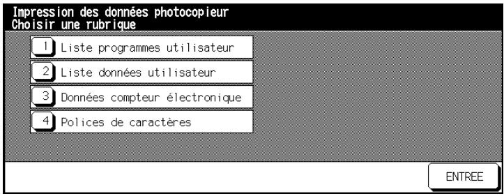 Impression des données photocopieur Choisir une rubrique 1 Liste programmes utilisateur 2 Liste données utilisateur 3 Données compteur électronique 4 Polices de caractères ENTREE