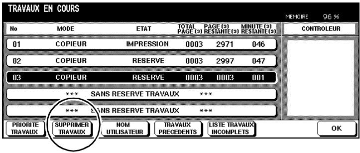 TRAVAUX EN COURS MEMOIRE 96 % No MODE ETAT TOTAL PAGE (s) PAGE (s) MINUTE (s) RESTANTE (s) RESTANTE (s) 01 COPIEUR IMPRESSION 0003 2971 046 02 COPIEUR RESERVE 0003 2997 047 03 COPIEUR RESERVE 0003 0003 001 *** SANS RESERVE TRAVAUX *** *** SANS RESERVE TRAVAUX *** PRIORITY TRAVAUX SUPPRIMER TRAVAUX NOM UTILISATEUR TRAVAUX PRECEDENTS LISTE TRAVAUX INCOMPLETS OK