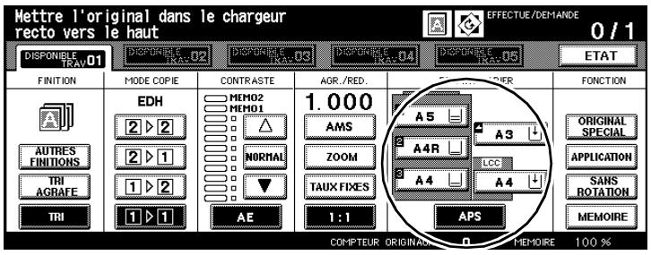 Mettre l'original dans le chargeur recto vers le haut DISPONIBLE TRAY 01 DISPONIBLE TRAY 02 DISPONIBLE TRAY 03 DISPONIBLE TRAY 04 DISPONIBLE TRAY 05 ETAT FINITION MODE COPIE CONTRASTE AGR./RED. FONCTION EDH MEMO2 MEMO1 1.000 AMS ZOOM TAUX FIXES A5 A3 ORIGINAL SPECIAL AUTRES FINITIONS 2 ▶ 2 2 ▶ 1 NORMAL A4R LCC TBAI A4 SANS ROTATION TRI AGRAFE 1 ▶ 2 1 ▶ 1 AE 1:1 APS MEMOIRE COMPTEUR ORIGINAL N MEMOIRE 100 %