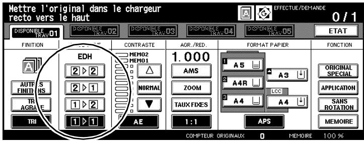 Mettre l'original dans le chargeur recto vers le haut EFFECTUE/DEMANDE 0 / 1 DISPONIBLE TRAV.01 DISPONIBLE TRAV.02 DISPONIBLE TRAV.03 DISPONIBLE TRAV.04 DISPONIBLE TRAV.05 ETAT FINITION CONTRASTE AGR./RED. FORMAT PAPIER FONCTION EDH MEMO2 MEMO1 1.000 2 ▶ 2 2 ▶ 1 1 ▶ 2 TR AGRA E TRI 1 ▶ 1 AE 1:1 APS ORIGINAL SPECIAL APPLICATION SANS ROTATION MEMOIRE COMPTEUR ORIGINAUX 0 MEMOIRE 100 %