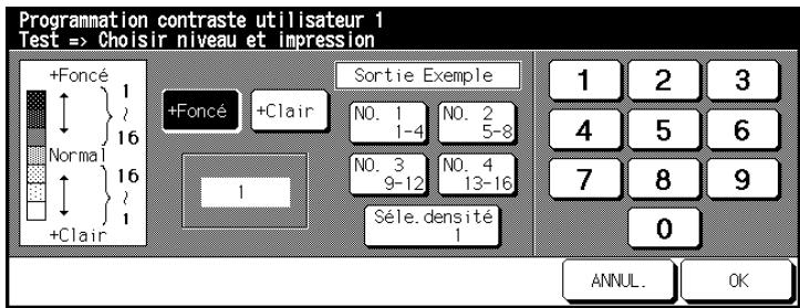 Programmation contraste utilisateur 1 Test => Choisir niveau et impression +Foncé 1 Normal 16 +Clair +Foncé +Clair Sortie Exemple NO. 1 1-4 NO. 2 5-8 NO. 3 9-12 NO. 4 13-16 Séle.densité 1 1 2 3 4 5 6 7 8 9 0 ANNUL. OK