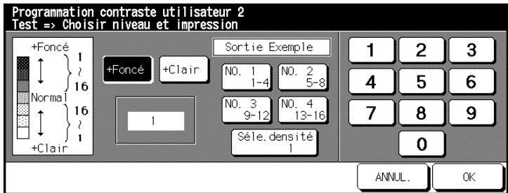 Programmation contraste utilisateur 2 Test => Choisir niveau et impression +Foncé 1 Normal 16 +Clair +Foncé +Clair Sortie Exemple NO. 1 1-4 NO. 2 5-8 NO. 3 9-12 NO. 4 13-16 Séle. densité 1 1 2 3 4 5 6 7 8 9 0 ANNUL. OK