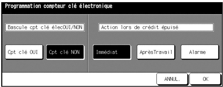 Programmation compteur clé électronique Bascule cpt clé élecOUI/NON Action lors de crédit épuisé Cpt clé OUI Cpt clé NON Immédiat AprèsTravail Alarme ANNUL. OK