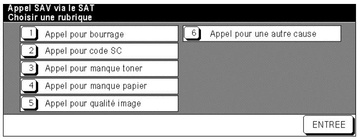 Appel SAV via le SAT Choisir une rubrique 1 Appel pour bourrage 2 Appel pour code SC 3 Appel pour manque toner 4 Appel pour manque papier 5 Appel pour qualité image 6 Appel pour une autre cause ENTREE