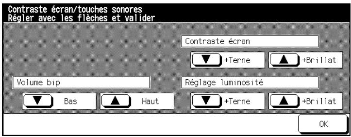 Contraste écran/touches sonores Règler avec les flèches et valider Contraste écran +Terne +Brillat Volume bip Réglage luminosité Bas Haut +Terne +Brillat OK