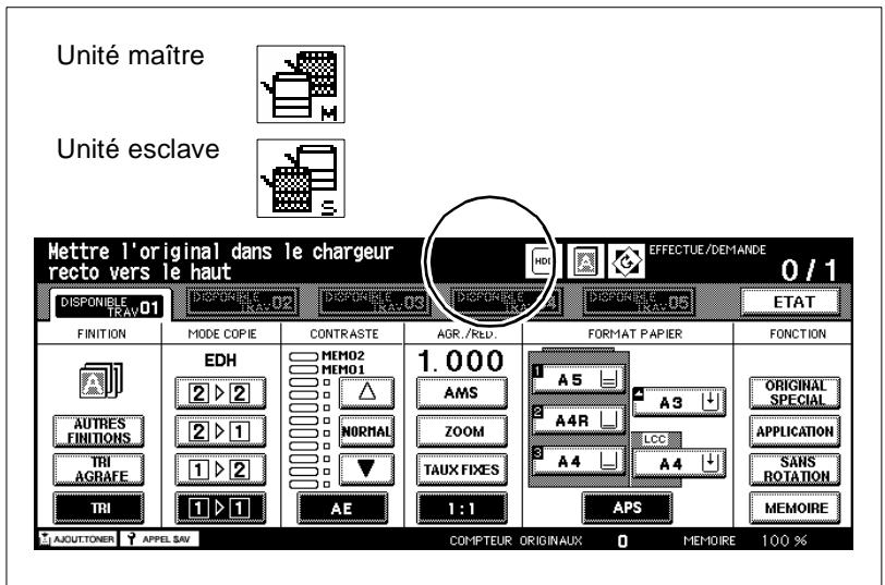 Unité maître Unité esclave Mettre l'original dans le chargeur recto vers le haut 0 / 1 DISPONIBLE TRAV.01 DISPONIBLE TRAV.02 DISPONIBLE TRAV.03 DISPONIBLE TRAV.04 DISPONIBLE TRAV.05 ETAT FINITION MODE COPIE CONTRASTE AGR./RED. FORMAT PAPIER FONCTION EDH MEMO2 MEMO1 1.000 AMS A5 A4R A3 ORIGINAL SPECIAL AUTRES FINITIONS NORMAL ZOOM LCC APPLICATION TRI AGRAFE TAUX FIXES A4 SANS ROTATION TRI 1 ▶ 2 1 ▶ 1 AE 1:1 APS MEMOIRE AJOUTTONER APPEL SAV COMPTEUR ORIGINAUX 0 MEMOIRE 100 %