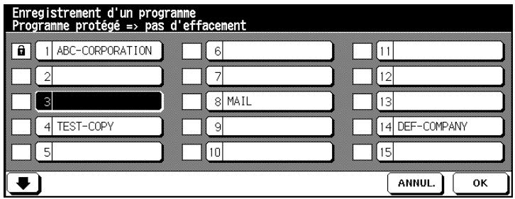 Enregistrement d'un programme Programme protégé => pas d'effacement 1 ABC-CORPORATION 6 11 2 7 12 3 8 MAIL 13 4 TEST-COPY 9 14 DEF-COMPANY 5 10 15 ANNUL. OK