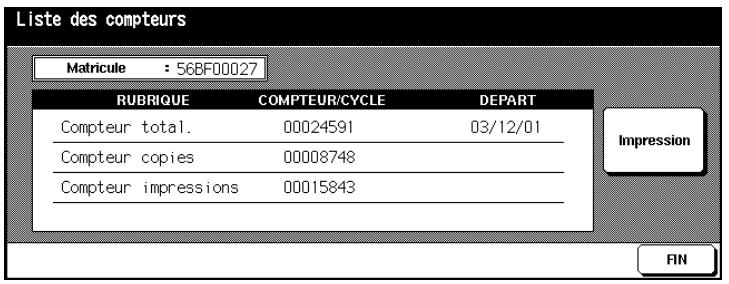 Liste des compteurs Matricule : 568F00027 RUBRIQUE COMPTEUR/CYCLE DEPART Compteur total. 00024591 03/12/01 Compteur copies 00008748 Compteur impressions 00015843 Impression FIN