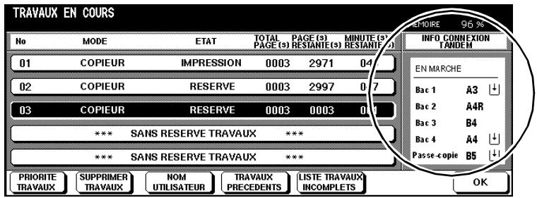 TRAVAUX EN COURS No MODE ETAT TOTAL PAGE (s) PAGE (s) MINUTE (s) 01 COPIEUR IMPRESSION 0003 2971 04 02 COPIEUR RESERVE 0003 2997 0.7 03 COPIEUR RESERVE 0003 0003 04 *** SANS RESERVE TRAVAUX *** *** SANS RESERVE TRAVAUX *** PRIORITY TRAVAUX SUPPRIMER TRAVAUX NOM UTILISATEUR TRAVAUX PRECEDENTS LISTE TRAVAUX INCOMPLETS INFO CONNEXION TANDEM EN MARCHE Bac 1 A3 Bac 2 A4R Bac 3 B4 Bac 4 A4 Passe-copie B5 OK
