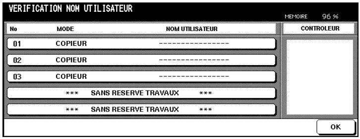 VERIFICATION NOM UTILISATEUR MEMOIRE 96 % No MODE NOM UTILISATEUR 01 COPIEUR ---- 02 COPIEUR ---- 03 COPIEUR ---- *** SANS RESERVE TRAVAUX *** *** SANS RESERVE TRAVAUX *** CONTROLEUR OK