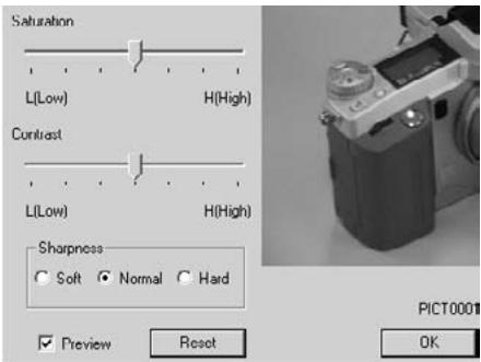 KONICA MINOLTA DIMAGE IMAGE VIEWER UTILITY 1.0 FOR DIMAGE 7&5 - Adjust the saturation and contrast level with slide bars if necessary, and then select the sharpness level. - 1