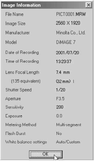 KONICA MINOLTA DIMAGE IMAGE VIEWER UTILITY 1.1 FOR DIMAGE 7&5 - To Display the Image (Recording) Information: - 3