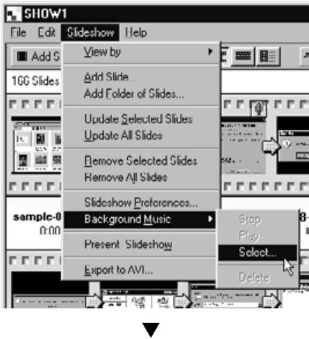 KONICA MINOLTA DIMAGE RD3000 SOFTWARE - On the Slideshow menu, point to Background Music, and click Select on the submenu (Select AIFF on Macintosh). - 1
