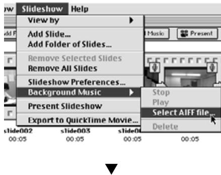 KONICA MINOLTA DIMAGE RD3000 SOFTWARE - On the Slideshow menu, point to Background Music, and click Select on the submenu (Select AIFF on Macintosh). - 2