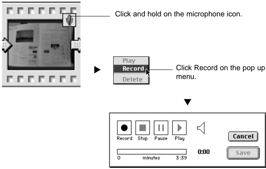 KONICA MINOLTA DIMAGE RD3000 SOFTWARE - Click the microphone icon shown in the upper right quarter of the image file to which you wish to add audio. Next, click Record on the pop-up menu that opens. - 1