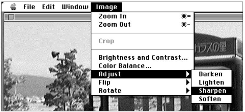 KONICA MINOLTA DIMAGE V SOFTWARE-MAC - Select Adjust from the Image menu and choose either Sharpen or Soften from the submenu. - 1