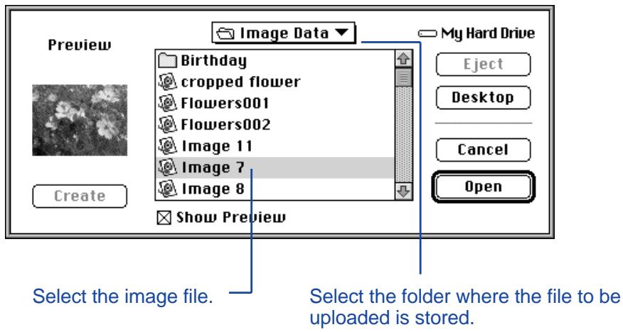KONICA MINOLTA DIMAGE V SOFTWARE-MAC - Select Upload Image... from the Minolta Dimage V menu. - 2