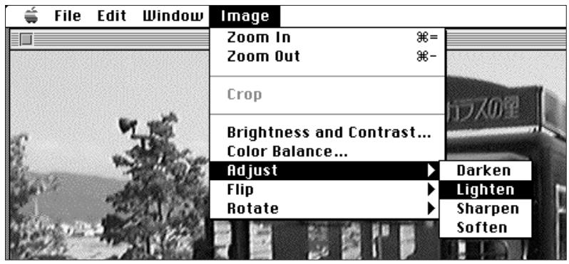 KONICA MINOLTA DIMAGE V SOFTWARE-MAC - Select Adjust from the Image menu and choose either Darken or Lighten from the submenu. - 1