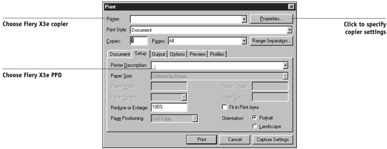 KONICA MINOLTA FIERY X3E FOR CF9001 (VER.2.0) - Choose the Fiery X3e PPD from the Printer Description menu in the Print dialog box. - 2