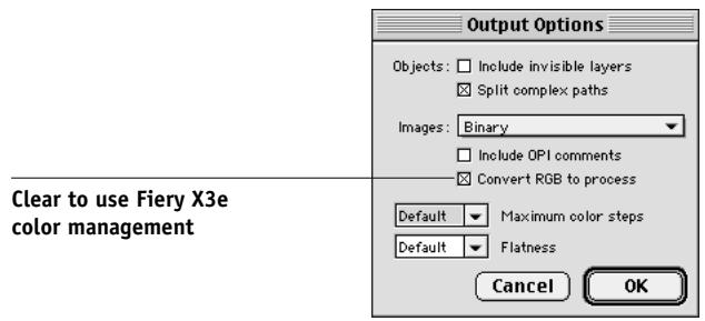KONICA MINOLTA FIERY X3E FOR CF9001 (VER.2.0) - To use Fiery X3e color management features, clear the "Convert RGB to process" option in the File>Output Options dialog box. - 1