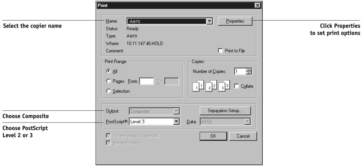 KONICA MINOLTA FIERY X3E FOR CF9001 (VER.2.0) - For the Windows version of Illustrator, select the appropriate copier from the Name menu and select Level 2 or 3 from the PostScript menu. - 1