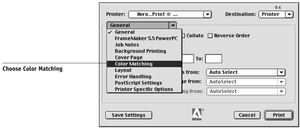 KONICA MINOLTA FIERY X3E FOR CF9001 (VER.2.0) - Choose Color Matching from the pull-down menu in the AdobePS Print dialog box. - 1