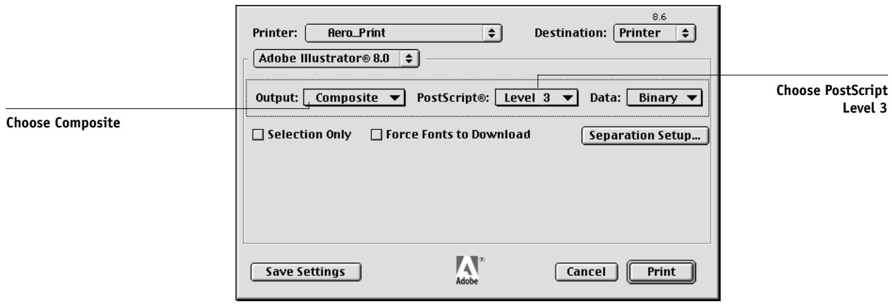 KONICA MINOLTA FIERY X3E FOR CF9001 (VER.2.0) - For the Mac OS version of Illustrator, choose Composite from the Output menu and select PostScript Level 3 from the PostScript menu. - 1
