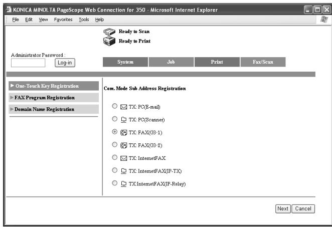 KONICA MINOLTA FK 503 - Select the communication mode of the sub-destination, and then click [Next] - 1