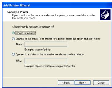 KONICA MINOLTA IC 203 - Type the network printer name in the [Name] textbox or type the URL in the [URL] textbox, and click [Next]. - 1