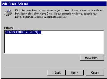 KONICA MINOLTA IC 203 - Confirm the followings in the list of [Printers], When you install PCL6 driver: [KONICA MINOLTA 920 PCL] is highlighted. - 1