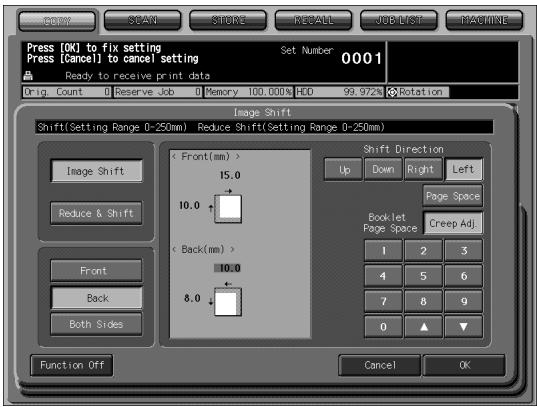 KONICA MINOLTA SD 501 - Touch Image Shift on the Image Shift Screen, then specify the shift direction and amount. - 2