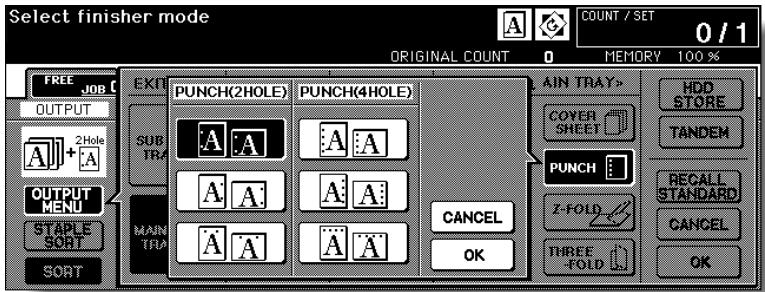 KONICA MINOLTA 7255 - Touch the desired punch position key on the screen to highlight it. - 2