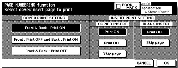 KONICA MINOLTA 7255 - Cover/Insert Print Setting Selection Screen: from PAGE NUMBERING - 1