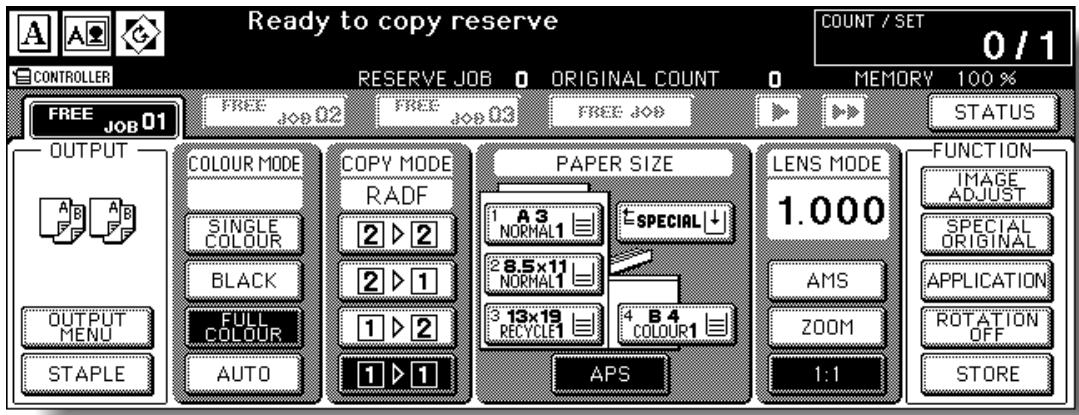 Ready to copy reserve COUNT / SET 0/1 CONTROLLER RESERVE JOB 0 ORIGINAL COUNT 0 MEMORY 100 % FREE JOB 01 FREE JOB 02 FREE JOB 03 FREE JOB STATUS OUTPUT A B A B SINGLE COLOUR BLACK FULL COLOUR AUTO COLOUR MODE COPY MODE RADF 1 A 3 NORMAL1 2 ▶ 2 2 ▶ 1 1 ▶ 2 1 ▶ 1 PAPER SIZE 1.000 E SPECIAL ↓ 2.5x11 NORMAL1 3 13x19 RECYCLE1 4 B 4 COLOUR1 APS LENS MODE 1:000 AMS ZOOM 1:1 FUNCTION IMAGE ADJUST SPECIAL ORIGINAL APPLICATION ROTATION OFF STORE