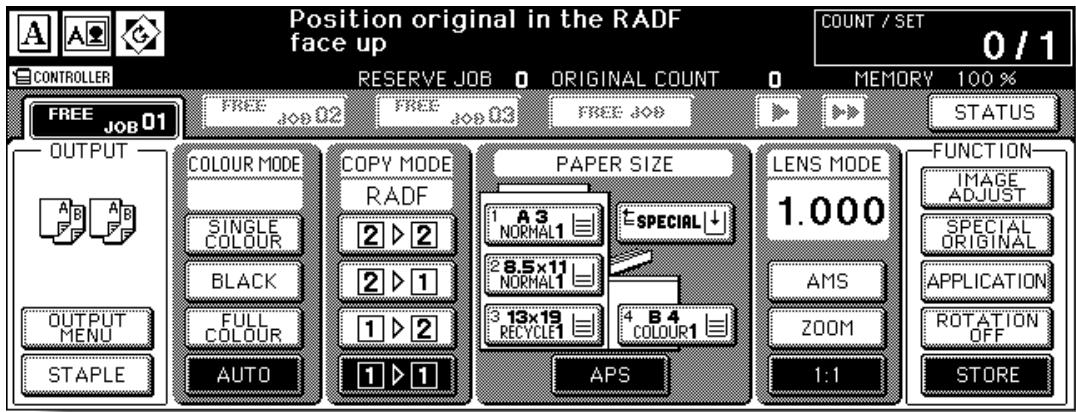 Position original in the RADF face up COUNT / SET 0 / 1 CONTROLLER RESERVE JOB 0 ORIGINAL COUNT 0 MEMORY 100 % FREE JOB 01 FREE JOB 02 FREE JOB 03 FREE JOB STATUS OUTPUT A B A B SINGLE COLOUR BLACK FULL COLOUR STAPLE AUTO COPY MODE PAPER SIZE LENS MODE FUNCTION A3 NORMAL1 ESPECIAL 28.5x11 NORMAL1 3 13x19 RECYCLE1 4 B4 COLOUR1 AMS ZOOM 1:1 IMAGE ADJUST SPECIAL ORIGINAL APPLICATION ROTATION OFF STORE CAPS