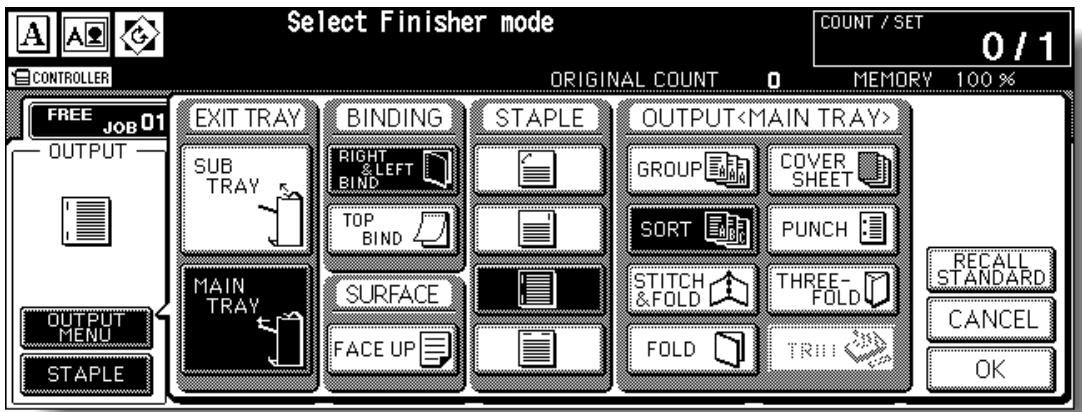 Select Finisher mode COUNT / SET 0 / 1 CONTROLLER ORIGINAL COUNT MEMORY 100 % FREE JOB 01 OUTPUT OUTPUT MENU STAPLE EXIT TRAY SUB TRAY MAIN TRAY BINDING RIGHT & LEFT BIND TOP BIND SURFACE FACE UP STAPLE OUTPUT GROUP COVER SHEET SORT PUNCH STITCH & FOLD THREE-FOLD FOLD TRI RECALL STANDARD CANCEL OK
