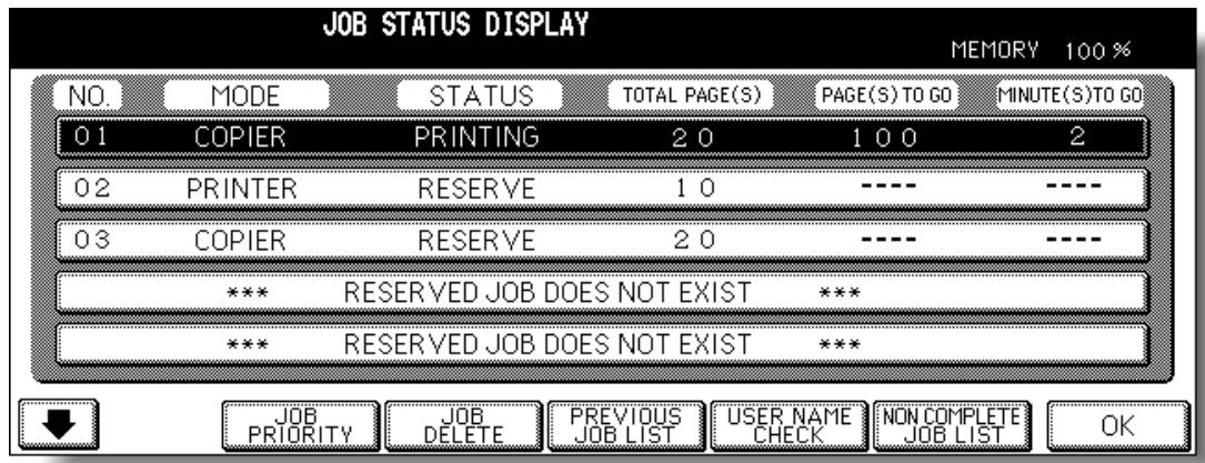 JOB STATUS DISPLAY MEMORY 100 % NO. MODE STATUS TOTAL PAGE(S) PAGE(S) TO GO MINUTE(S) TO GO 0 1 COPIER PRINTING 2 0 1 0 0 2 0 2 PRINTER RESERVE 1 0 ---- ---- 0 3 COPIER RESERVE 2 0 ---- ---- *** RESERVED JOB DOES NOT EXIST *** *** RESERVED JOB DOES NOT EXIST ***